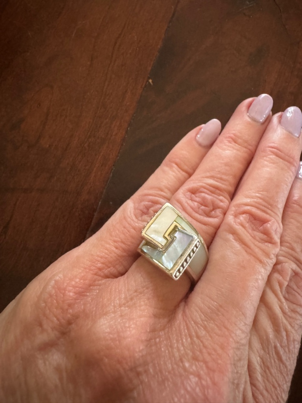 Sterling Silver and Mother of Pearl Geometric Statement Ring. Size 6